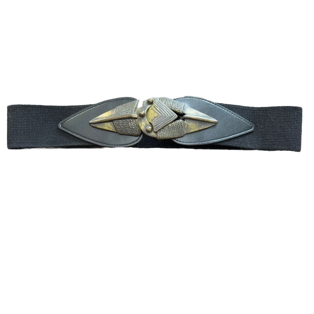 Vtg Omega Stretch ARROWHEAD Interlocking Metal Buckle Leather Accent M (28”-32”)